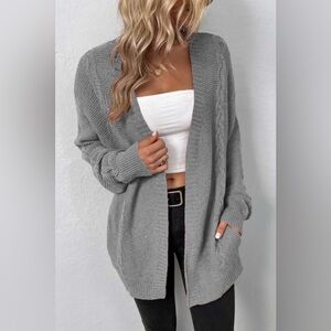 Cable-Knit Open Front Cardigan with Side Pockets